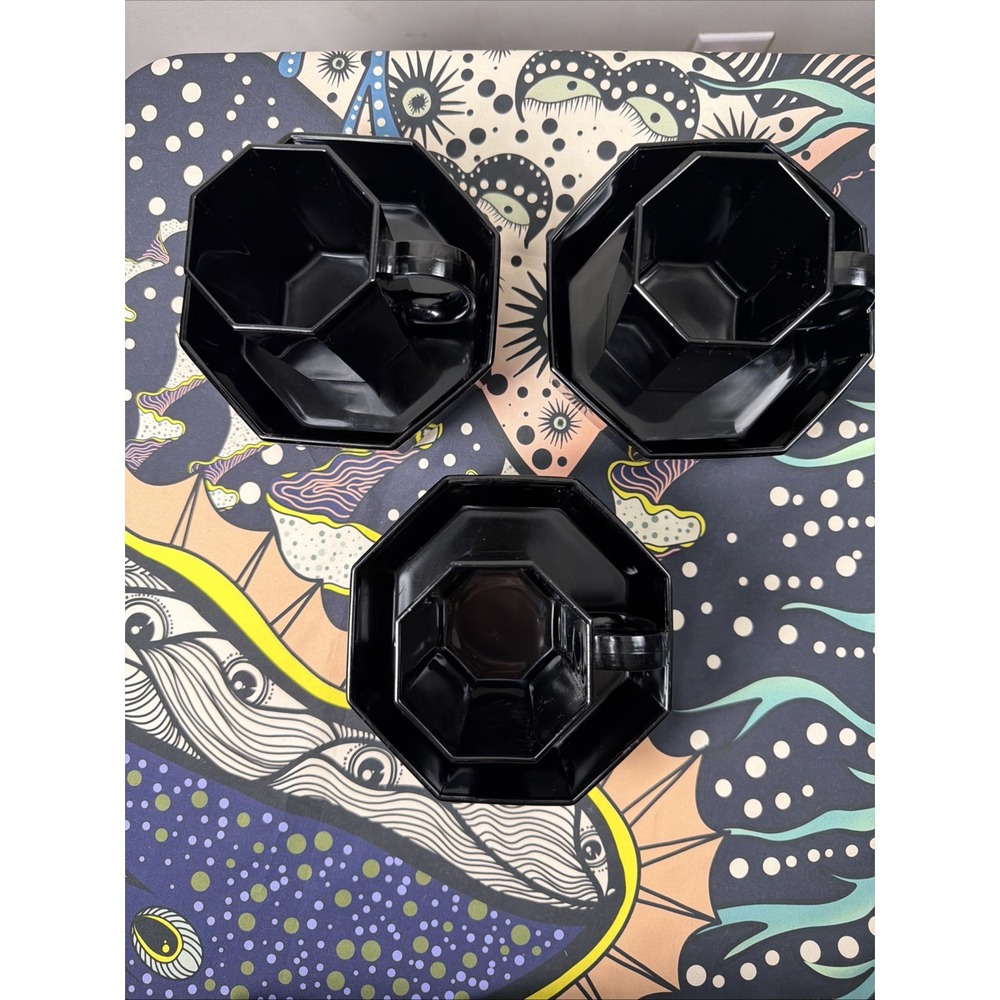 VTG Set Of 3 Arcoroc Octime Black Glass Octagonal Plate & Mug Sets Gothic Dark